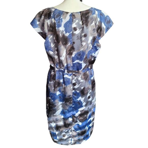 Nine West Blue & Grey Abstract Floral Print Belted Sheath Lined Dress - Size 14 - Picture 2 of 6